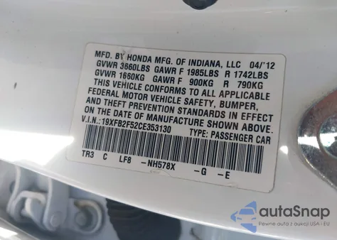 2012 Honda Civic Lx из США, поврежденный, VIN 19XFB2F52CE353130